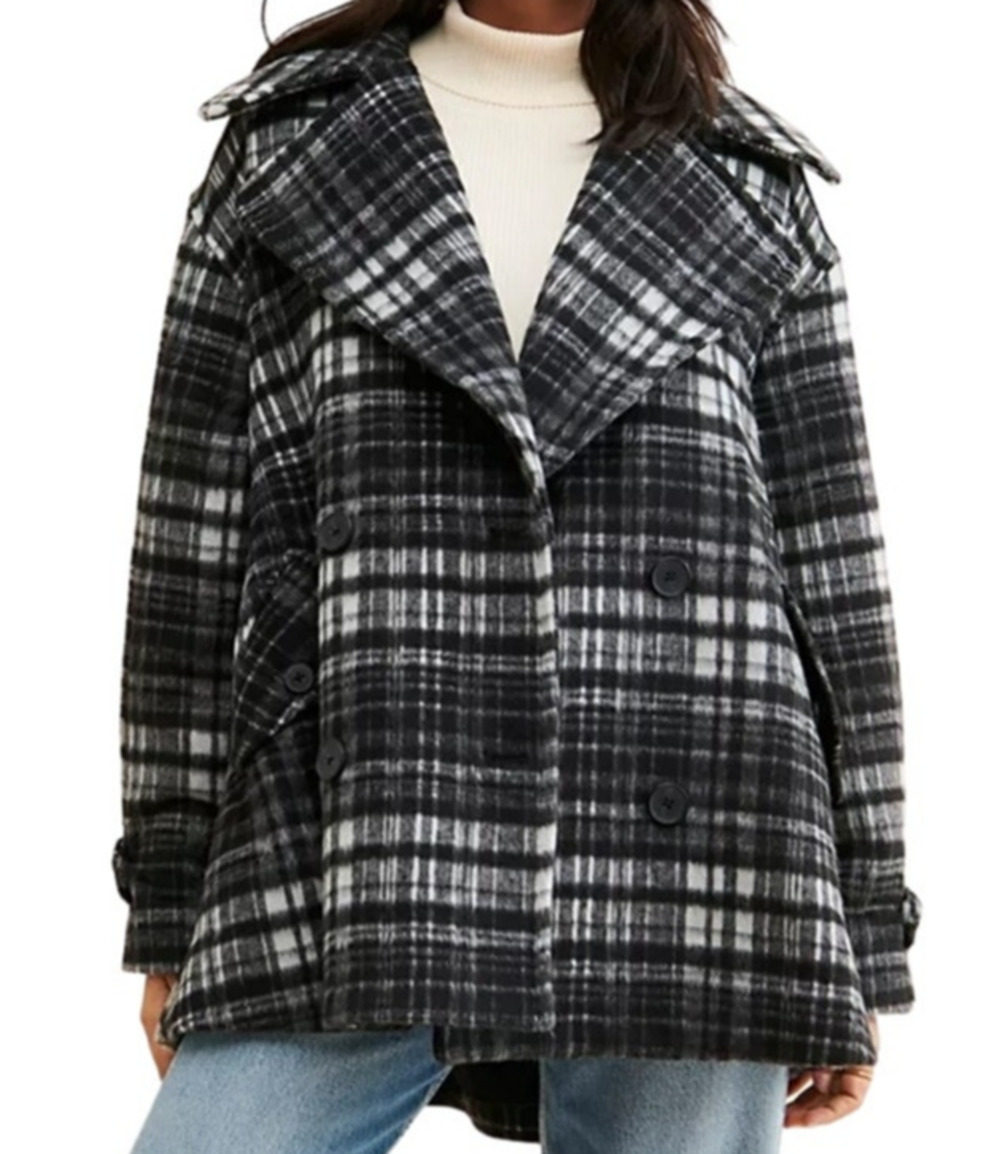 Free People Women's Black & White Combo Highlands Wool Peacoat Size Large NEW